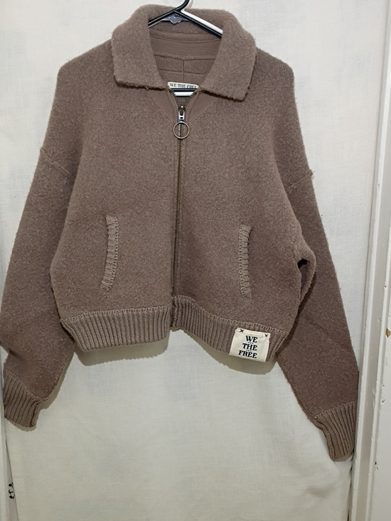 We The Free Sweaters - We The Free Taupe Zip-Up Fuzzy Knit Jacket